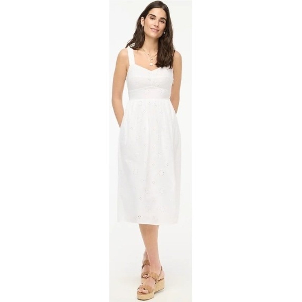 J. Crew White Eyelet Cotton Broderie Fit and Flare Midi Dress Size 2‎ NWT $128